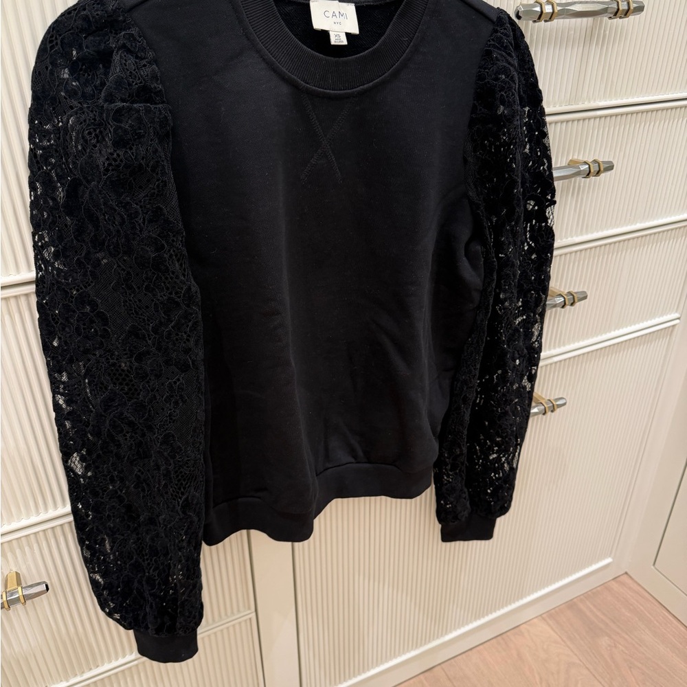 Cami NYC Black Crewneck Sweatshirt with Lace Balloon Sleeves